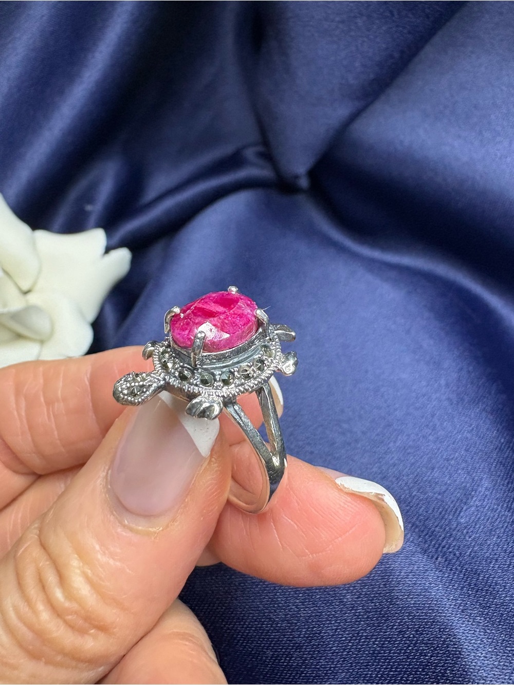 🤩Ring Turtle Sterling Silver Ruby Gemstone Marcasite Accents Split Shank Band - Picture 4 of 6